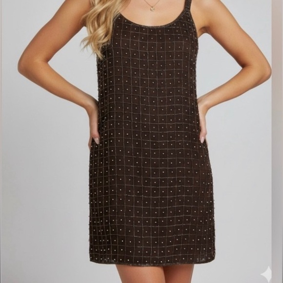 Vintage Brown Beaded Mini Dress​ Sz Med